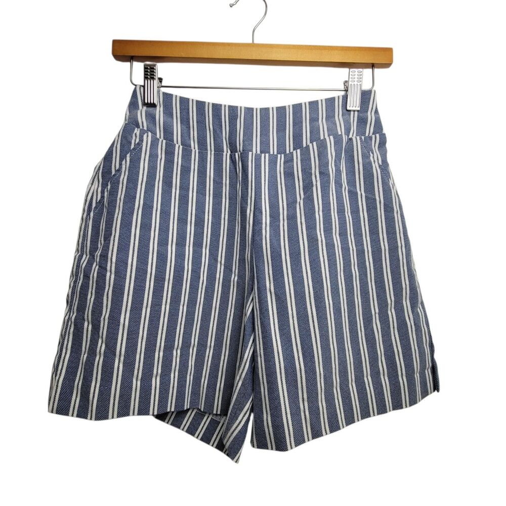 New York & Company Blue Striped Tinsel Pull On Shorts Faux Pockets Size XS